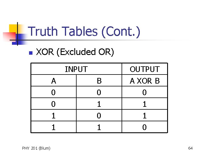 Truth Tables (Cont. ) n XOR (Excluded OR) INPUT A 0 0 1 1