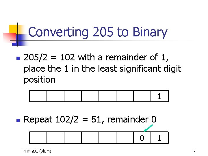 Converting 205 to Binary n 205/2 = 102 with a remainder of 1, place