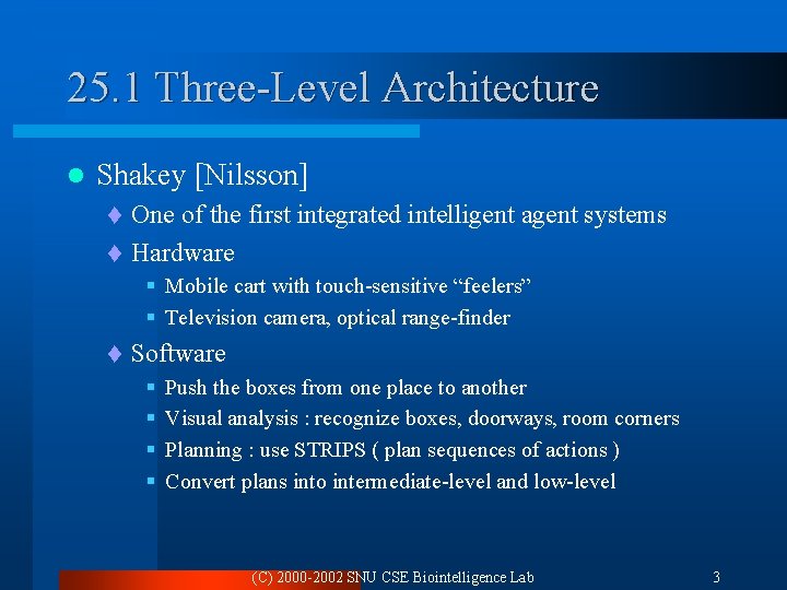 25. 1 Three-Level Architecture l Shakey [Nilsson] One of the first integrated intelligent agent