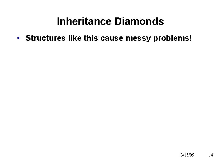 Inheritance Diamonds • Structures like this cause messy problems! 3/15/05 14 Inheritance Diamonds • Structures like this cause messy problems! 3/15/05 14