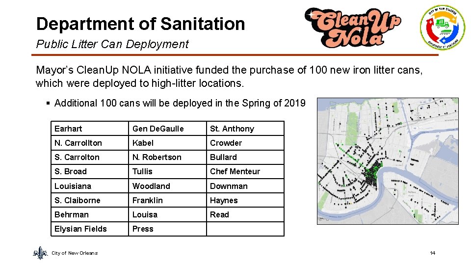 Department of Sanitation Public Litter Can Deployment Mayor’s Clean. Up NOLA initiative funded the