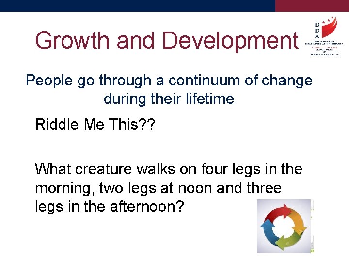 Growth and Development People go through a continuum of change during their lifetime Riddle