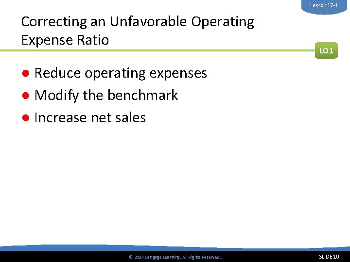 Lesson 17 -1 Correcting an Unfavorable Operating Expense Ratio LO 1 ● Reduce operating