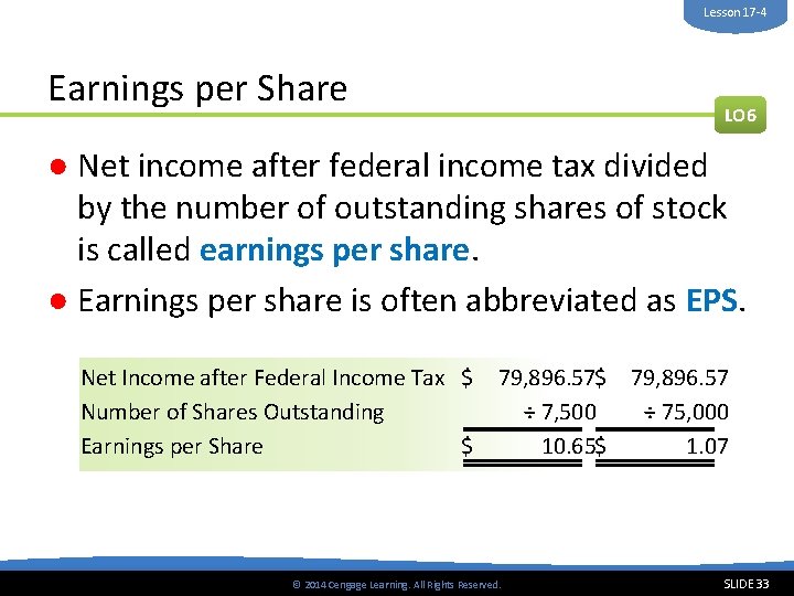 Lesson 17 -4 Earnings per Share LO 6 ● Net income after federal income