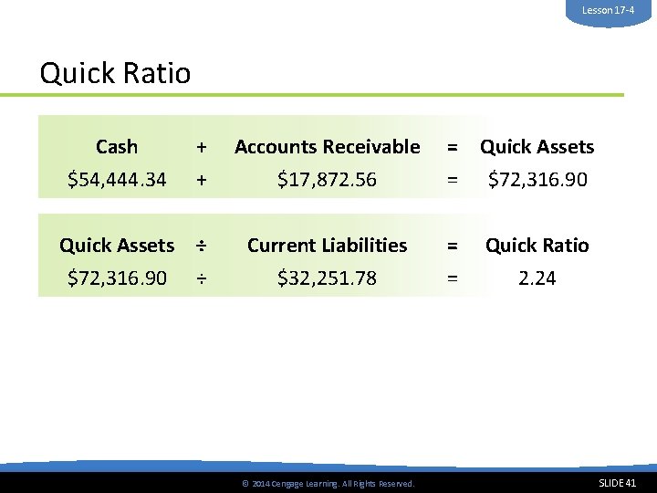 Lesson 17 -4 Quick Ratio Cash $54, 444. 34 + + Accounts Receivable $17,