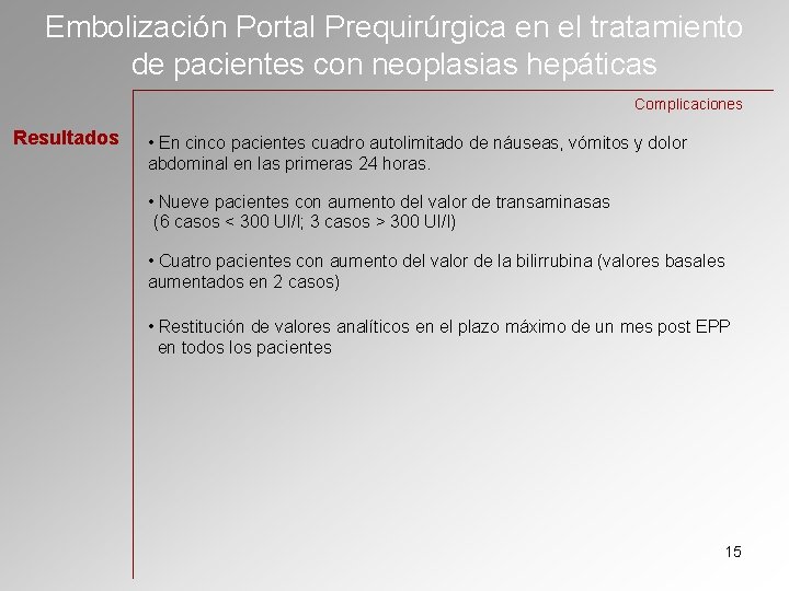 Embolización Portal Prequirúrgica en el tratamiento de pacientes con neoplasias hepáticas Complicaciones Resultados •