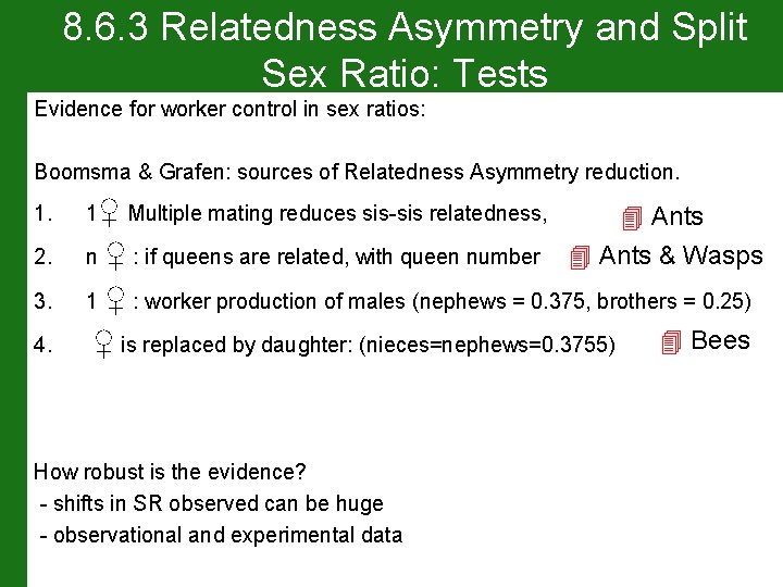 8. 6. 3 Relatedness Asymmetry and Split Sex Ratio: Tests Evidence for worker control