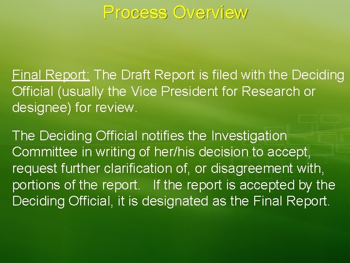 Process Overview Final Report: The Draft Report is filed with the Deciding Official (usually