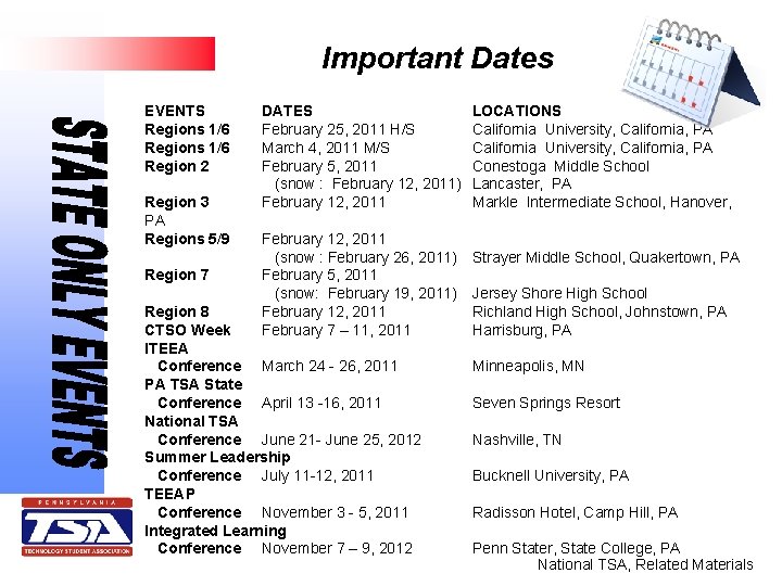 Important Dates EVENTS Regions 1/6 Region 2 Region 3 PA Regions 5/9 Region 7