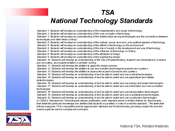 TSA National Technology Standards Standard 1: Students will develop an understanding of the characteristics