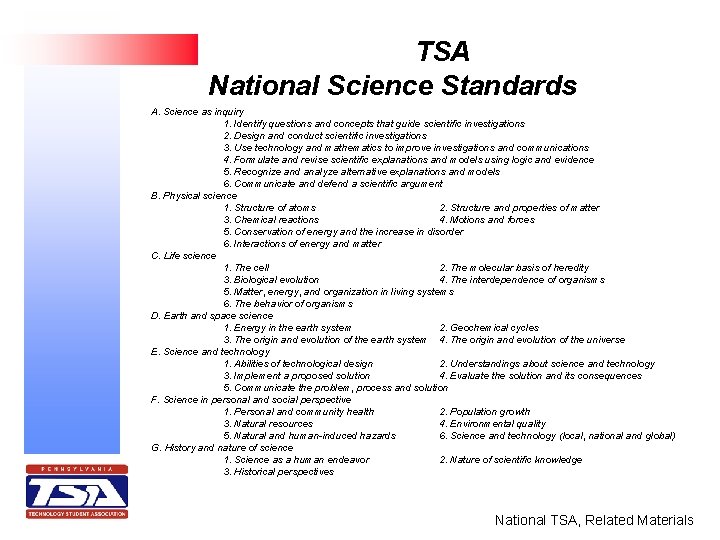 TSA National Science Standards A. Science as inquiry 1. Identify questions and concepts that