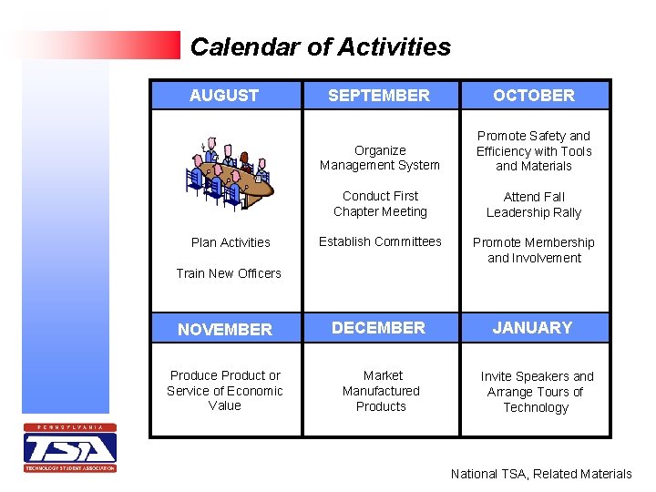 Calendar of Activities AUGUST SEPTEMBER OCTOBER Organize Management System Promote Safety and Efficiency with