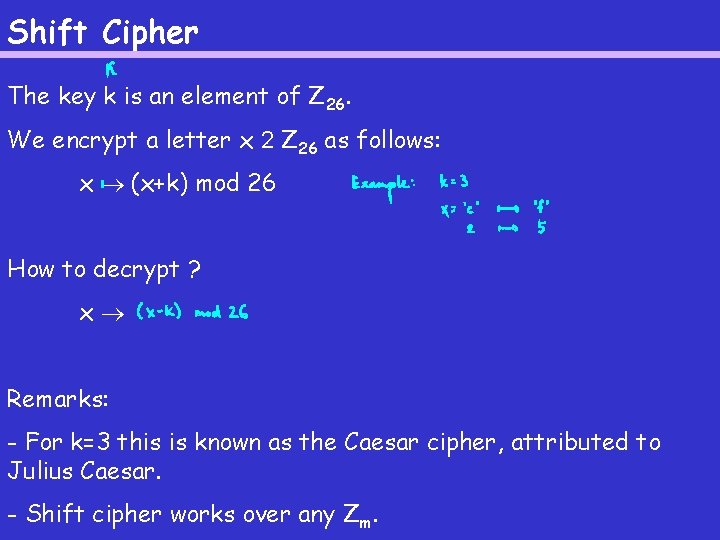 Shift Cipher The key k is an element of Z 26. We encrypt a