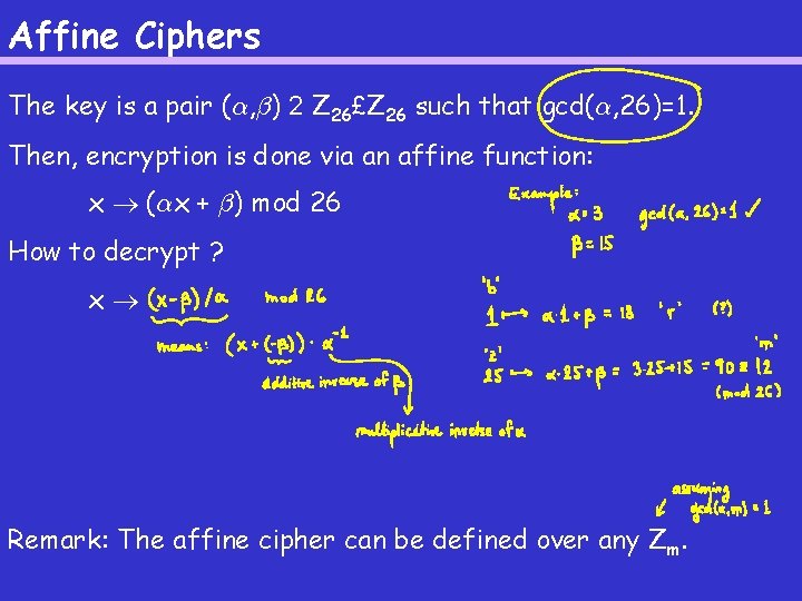 Affine Ciphers The key is a pair (®, ¯) 2 Z 26£Z 26 such