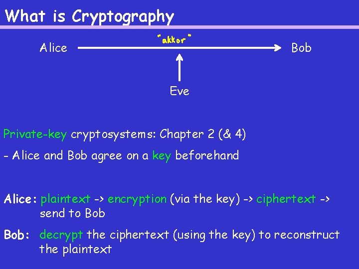 What is Cryptography Alice Bob Eve Private-key cryptosystems: Chapter 2 (& 4) - Alice