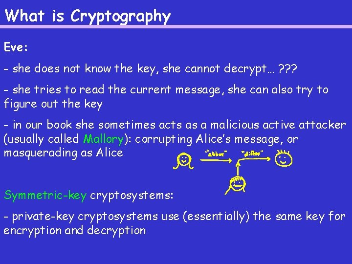 What is Cryptography Eve: - she does not know the key, she cannot decrypt…