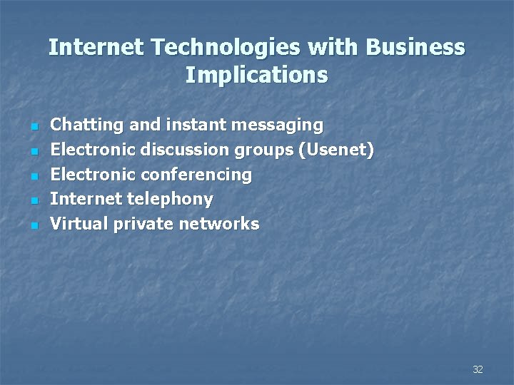Internet Technologies with Business Implications n n n Chatting and instant messaging Electronic discussion