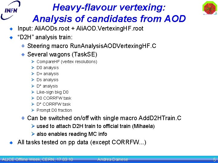 Heavy-flavour vertexing: Analysis of candidates from AOD Input: Ali. AODs. root + Ali. AOD.