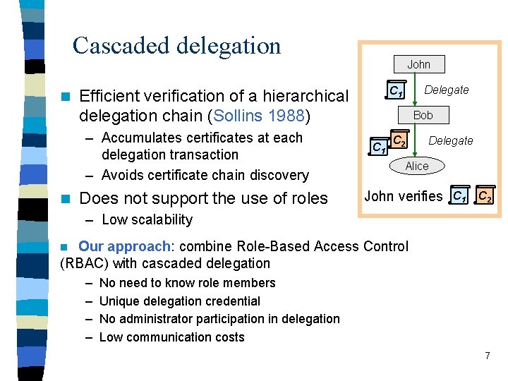 Cascaded delegation n Does not support the use of roles Delegate C 1 Efficient