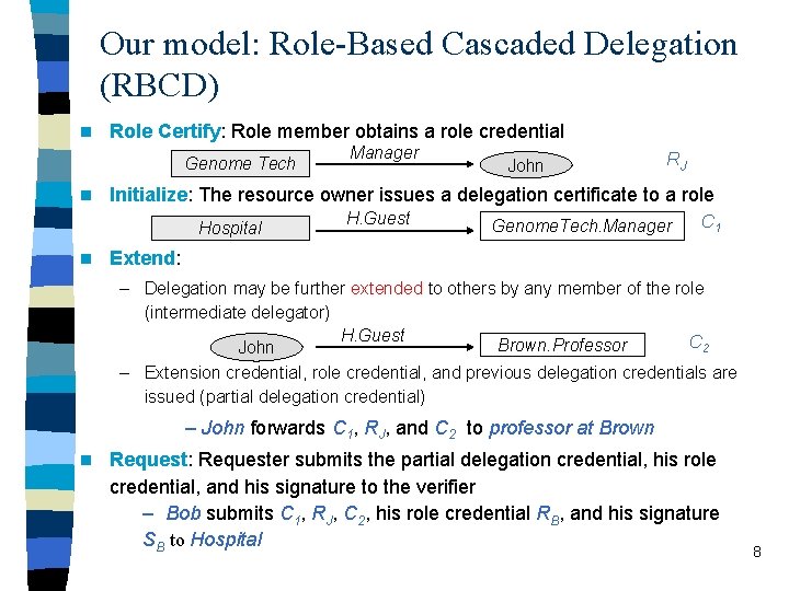 Our model: Role-Based Cascaded Delegation (RBCD) n Role Certify: Role member obtains a role