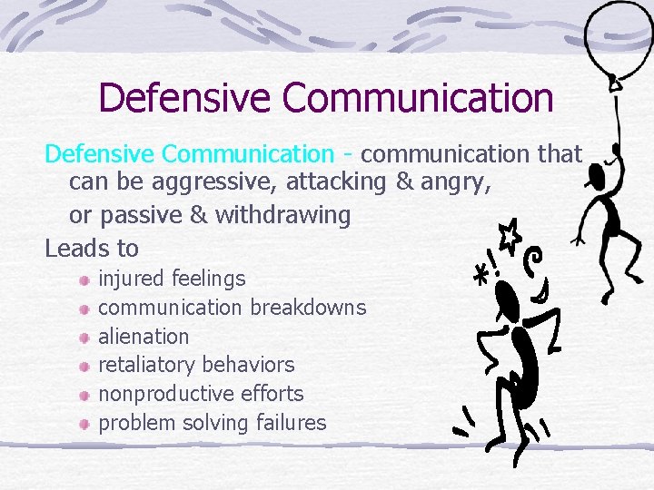 Defensive Communication - communication that can be aggressive, attacking & angry, or passive &