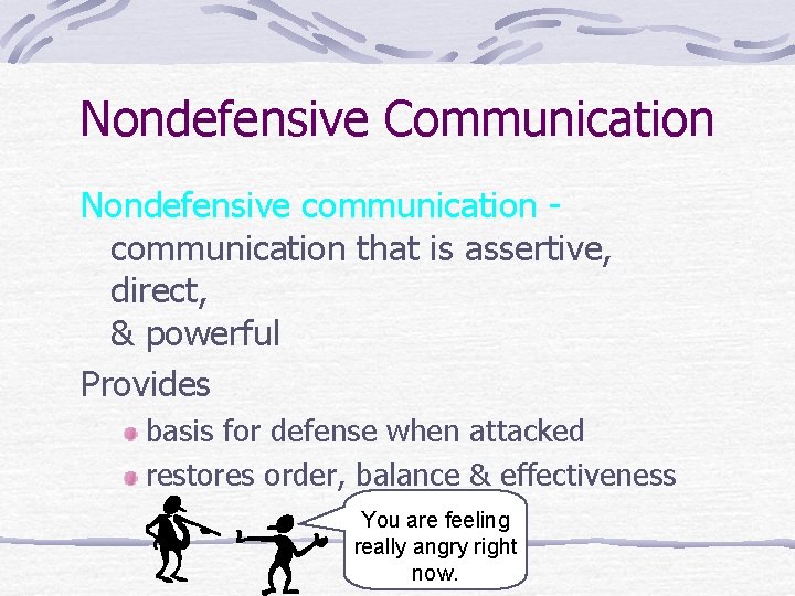 Nondefensive Communication Nondefensive communication that is assertive, direct, & powerful Provides basis for defense