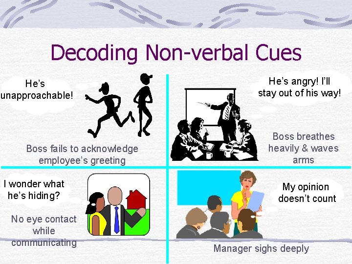 Decoding Non-verbal Cues He’s unapproachable! Boss fails to acknowledge employee’s greeting I wonder what