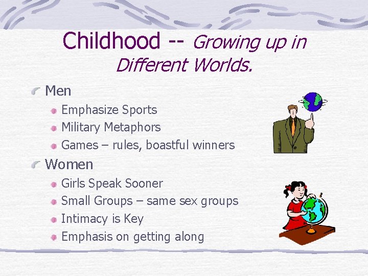 Childhood -- Growing up in Different Worlds. Men Emphasize Sports Military Metaphors Games –