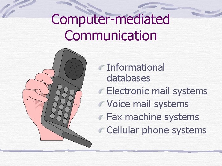 Computer-mediated Communication Informational databases Electronic mail systems Voice mail systems Fax machine systems Cellular