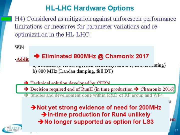 HL-LHC Hardware Options H 4) Considered as mitigation against unforeseen performance limitations or measures