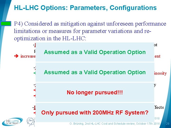 HL-LHC Options: Parameters, Configurations P 4) Considered as mitigation against unforeseen performance limitations or