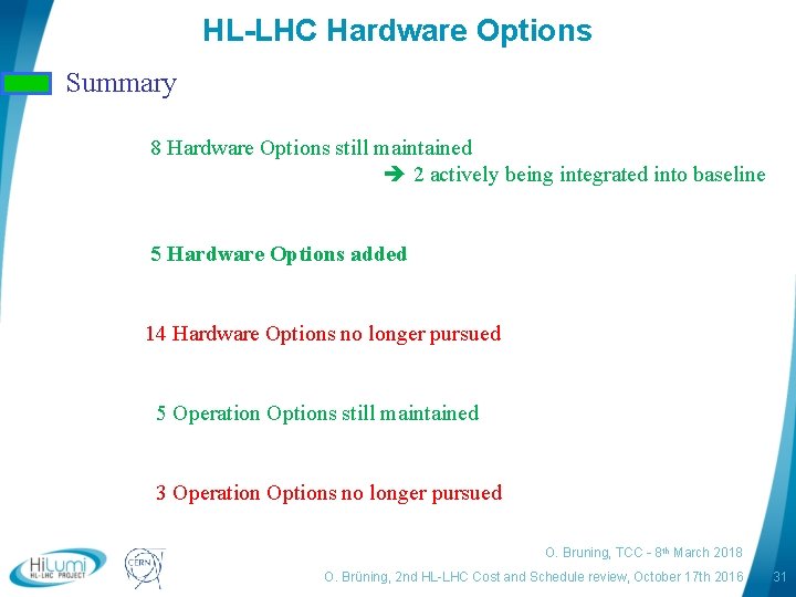 HL-LHC Hardware Options Summary 8 Hardware Options still maintained 2 actively being integrated into