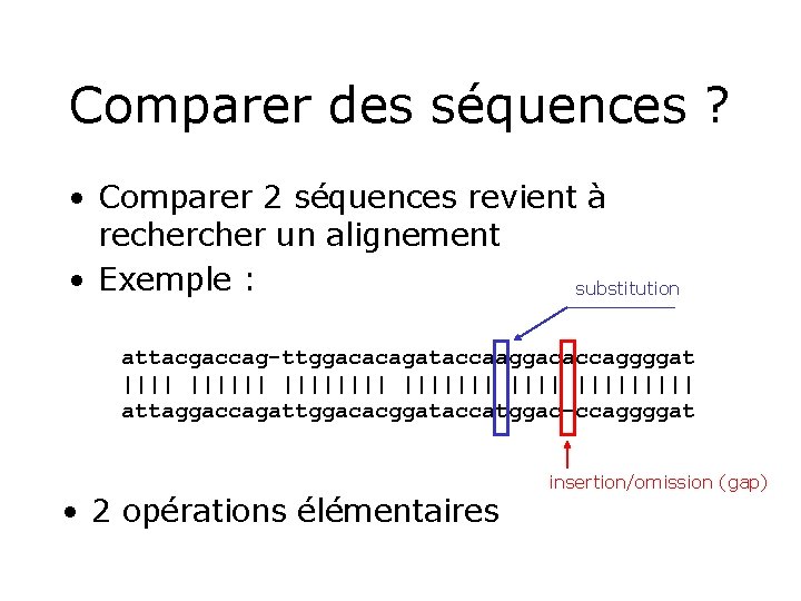 Comparer des séquences ? • Comparer 2 séquences revient à recher un alignement •