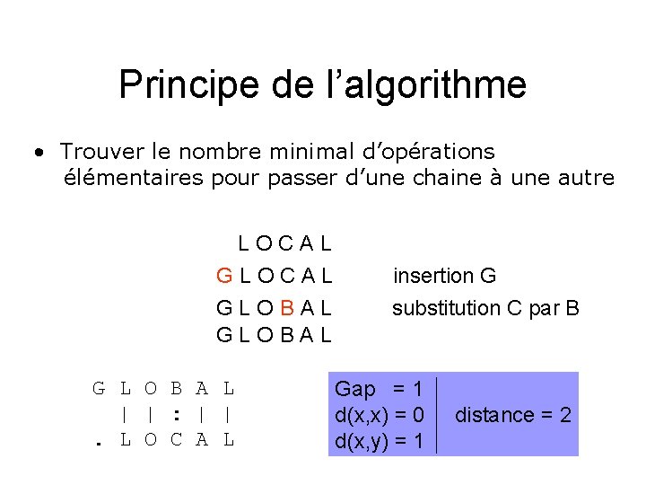 Principe de l’algorithme • Trouver le nombre minimal d’opérations élémentaires pour passer d’une chaine