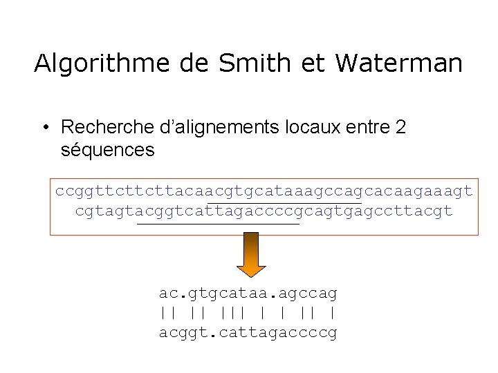 Algorithme de Smith et Waterman • Recherche d’alignements locaux entre 2 séquences ccggttcttcttacaacgtgcataaagccagcacaagaaagt cgtagtacggtcattagaccccgcagtgagccttacgt