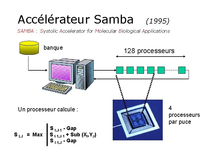 Accélérateur Samba (1995) SAMBA : Systolic Accelerator for Molecular Biological Applications banque Un processeur