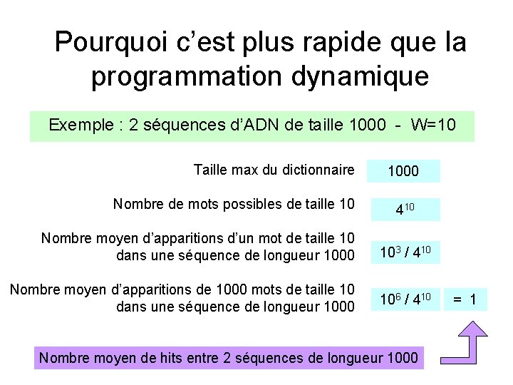 Pourquoi c’est plus rapide que la programmation dynamique Exemple : 2 séquences d’ADN de