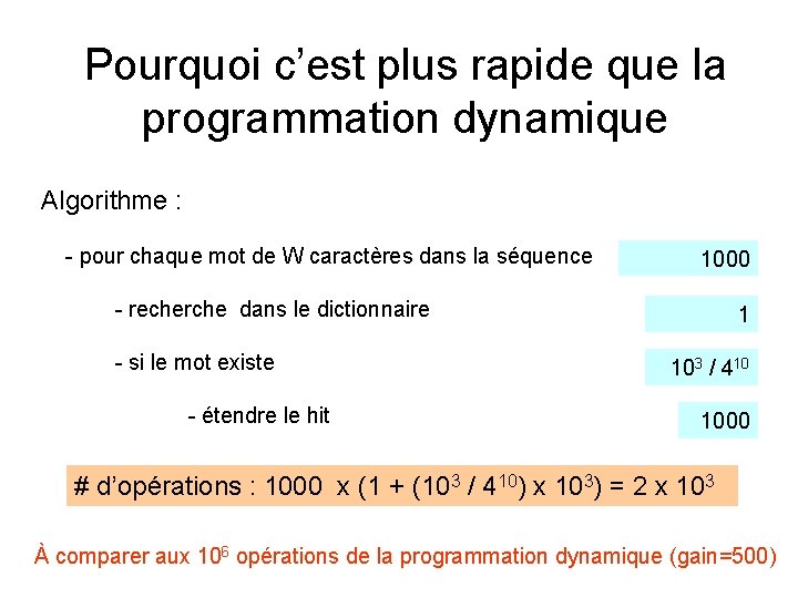 Pourquoi c’est plus rapide que la programmation dynamique Algorithme : - pour chaque mot