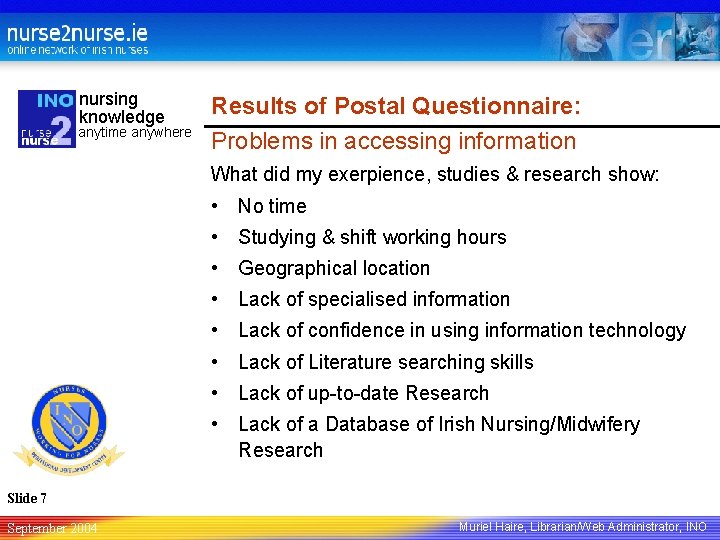 nursing knowledge anytime anywhere Results of Postal Questionnaire: Problems in accessing information What did