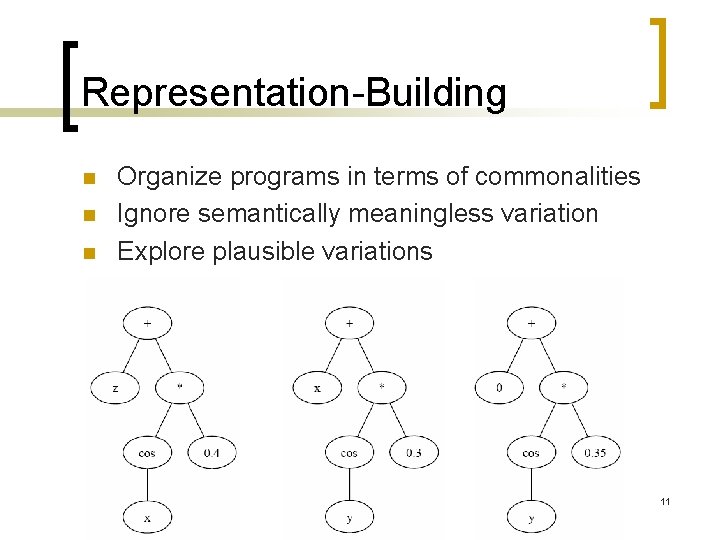 Representation-Building n n n Organize programs in terms of commonalities Ignore semantically meaningless variation