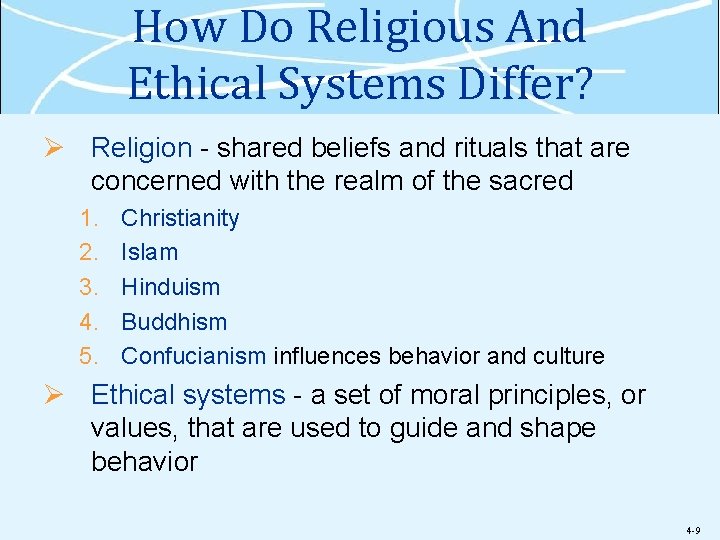 How Do Religious And Ethical Systems Differ? Ø Religion - shared beliefs and rituals