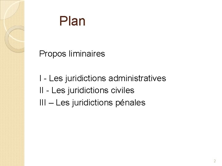 Plan Propos liminaires I - Les juridictions administratives II - Les juridictions civiles III