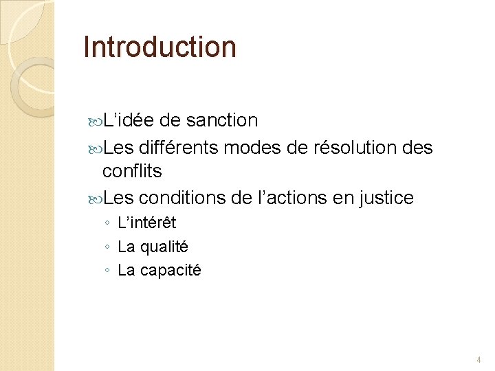 Introduction L’idée de sanction Les différents modes de résolution des conflits Les conditions de