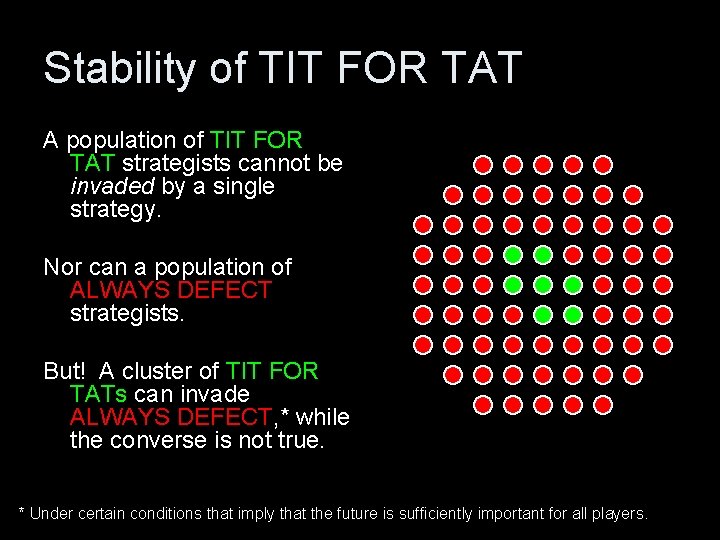 Stability of TIT FOR TAT A population of TIT FOR TAT strategists cannot be