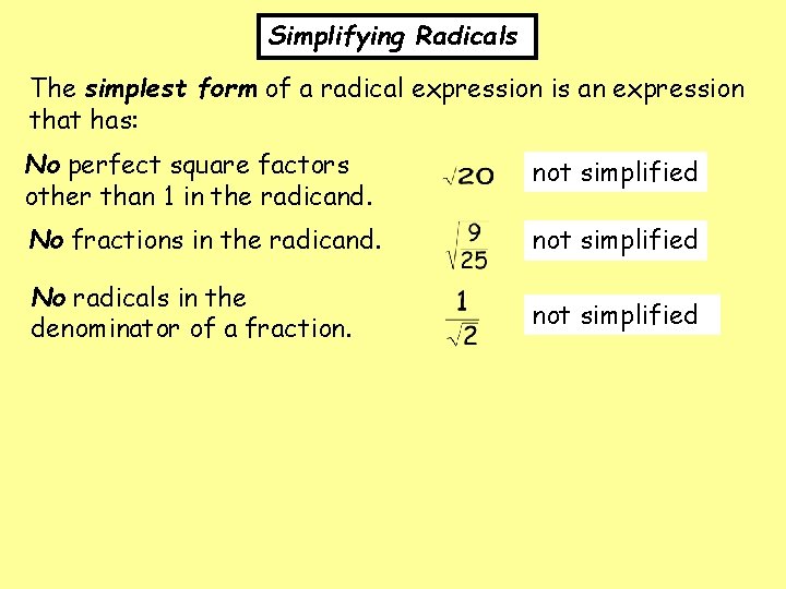 Simplifying Radicals The simplest form of a radical expression is an expression that has: