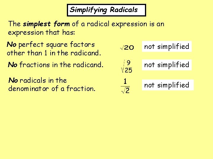 Simplifying Radicals The simplest form of a radical expression is an expression that has: