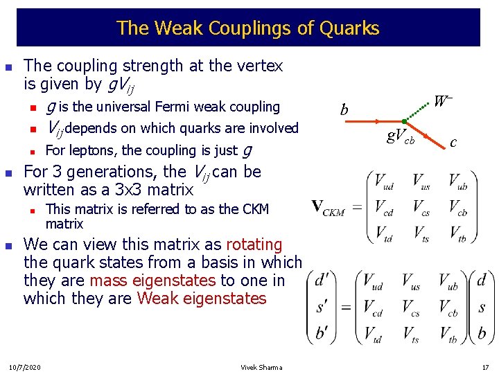 The Weak Couplings of Quarks n The coupling strength at the vertex is given