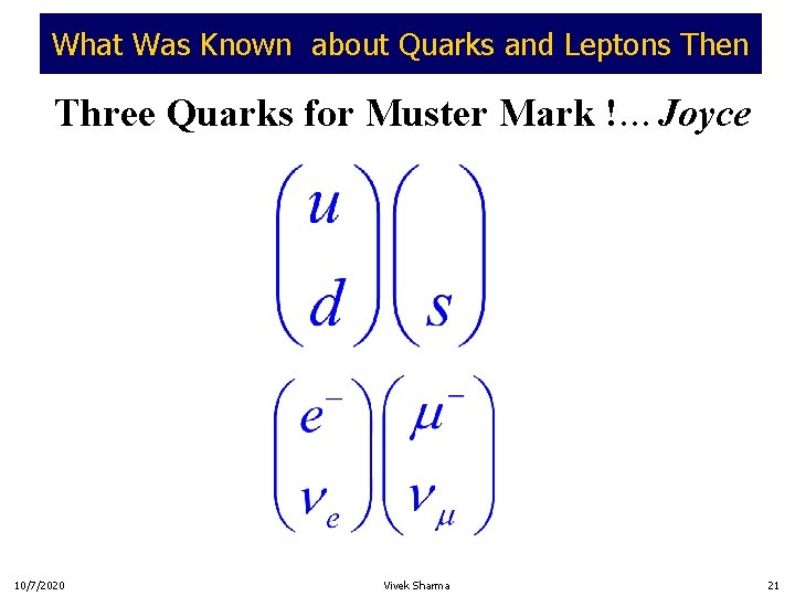 What Was Known about Quarks and Leptons Then Three Quarks for Muster Mark !…Joyce