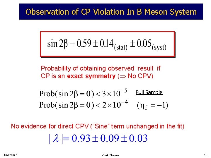 Observation of CP Violation In B Meson System Probability of obtaining observed result if