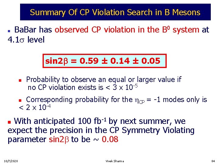 Summary Of CP Violation Search in B Mesons Ba. Bar has observed CP violation